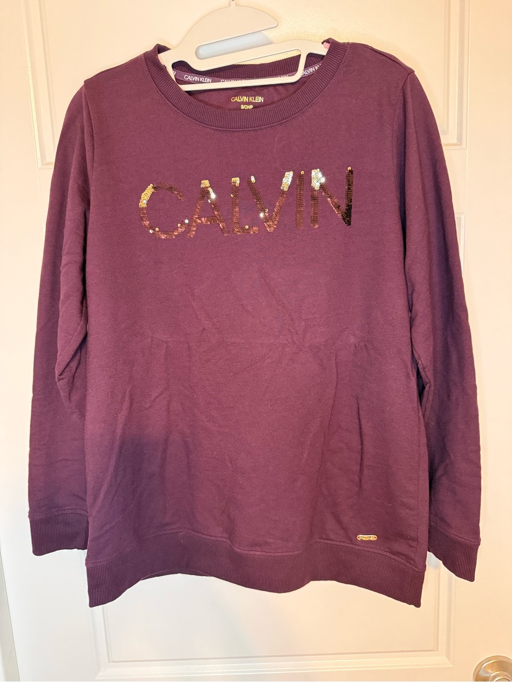 Calvin Klein Women's Plum Sequin Logo Crewneck Sweater